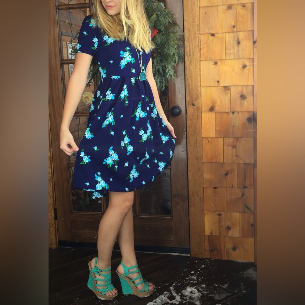 Rare LuLaRoe 👗 Amelia Dress sz M 10-12 Blue Floral Rose Zip A-Line Pockets 🦄